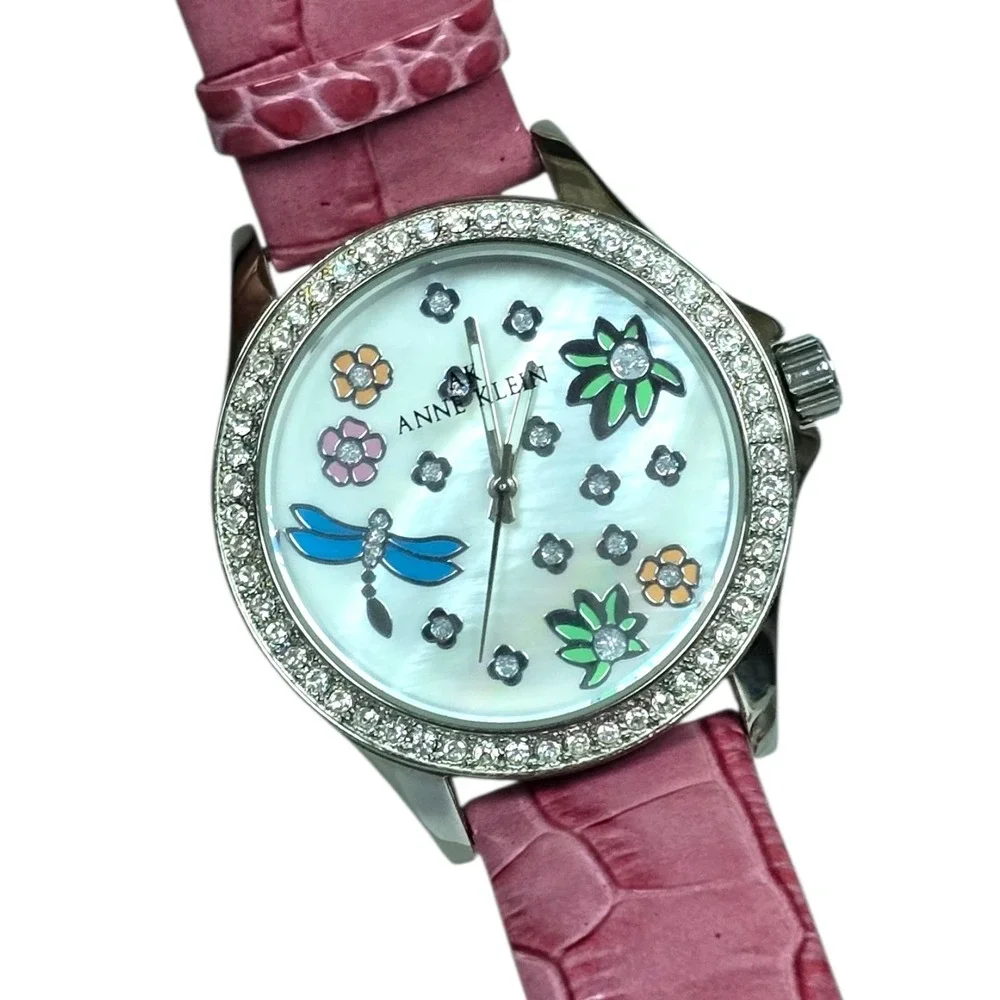 Anne Klein Women Watch 10/8859 Silver‎ Pink Leather Dragonfly Flower Crystal MOP